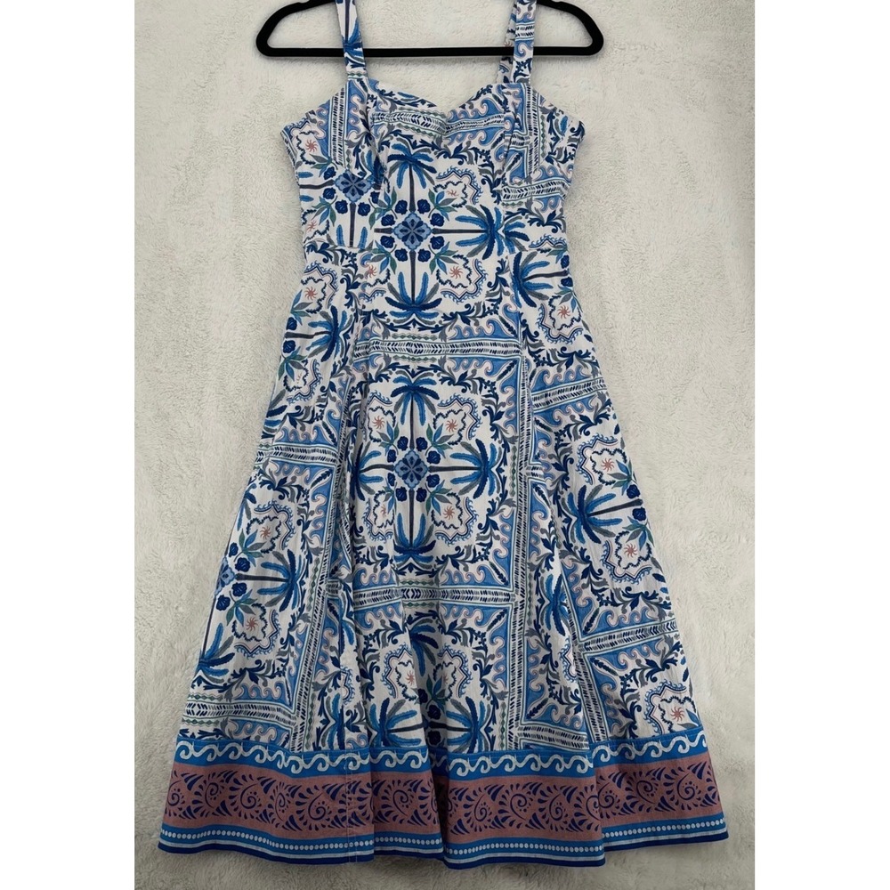 Avec Les Filles Blue White Tropical Tile Print Midi Dress with Pockets Size 6